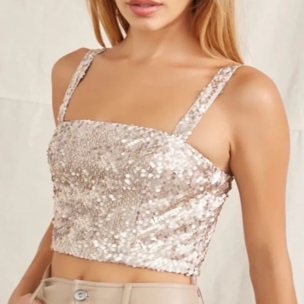 Forever 21 Sequin Crop Top Champagne Gold Square Neck Sleeveless Large NWT
